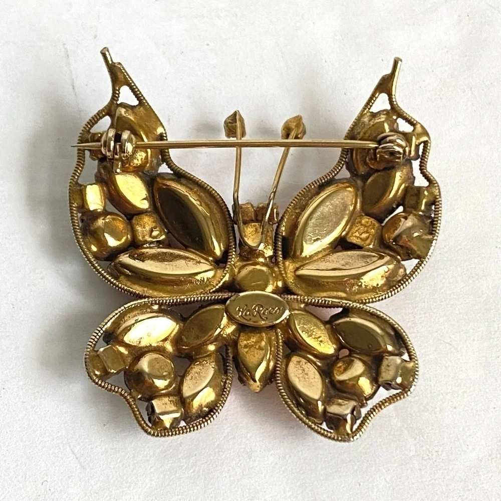 Vintage La Roco Butterfly Brooch Orange Green Rhinestone Pin Retro Estate Piece‎